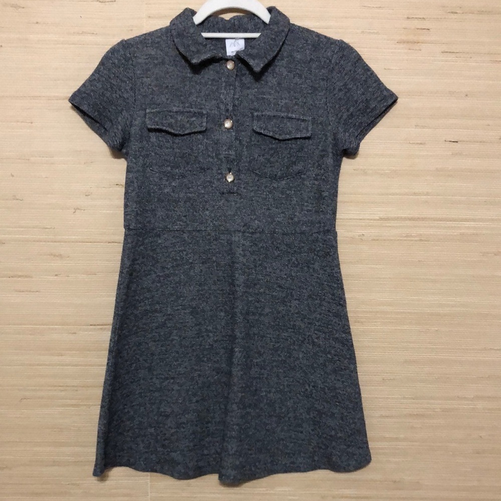 Zara Girl Blue Gray Weaved Knit Lapel Collar Short Sleeve Pearl Button Dress 13